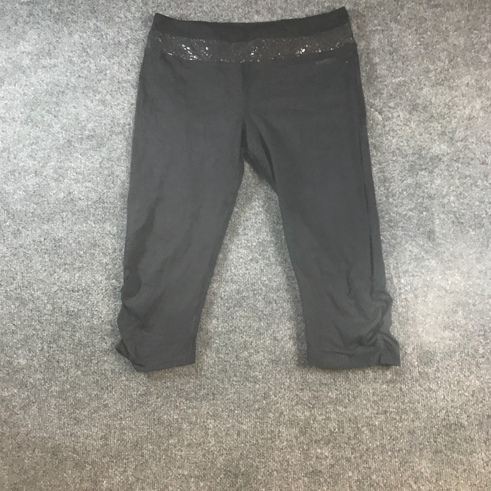 Bebe Sport Capri Leggings Womens Large (Fits 31x18) Black Ruched Hem Gym Running